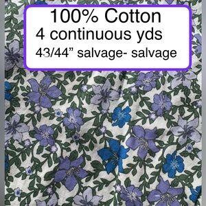 100% Cotton Floral Fabric in Purple and Blue. 4 yds. Laundered & pressed.